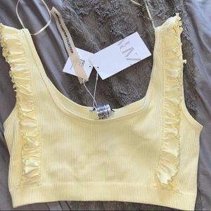 zara yellow ribbed tank top with ruffle detailing